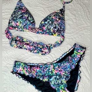 Victoria Secret small padded push up halter tie bikini set ruffled bottom